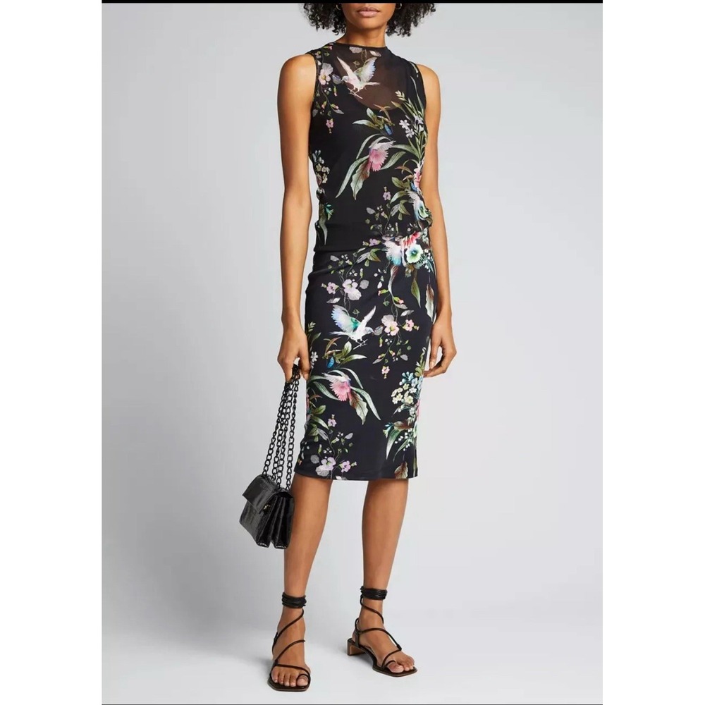 Fuzzi Dress Womens XL Black Floral Hummingbird Blouson Mesh Jersey Stretch
